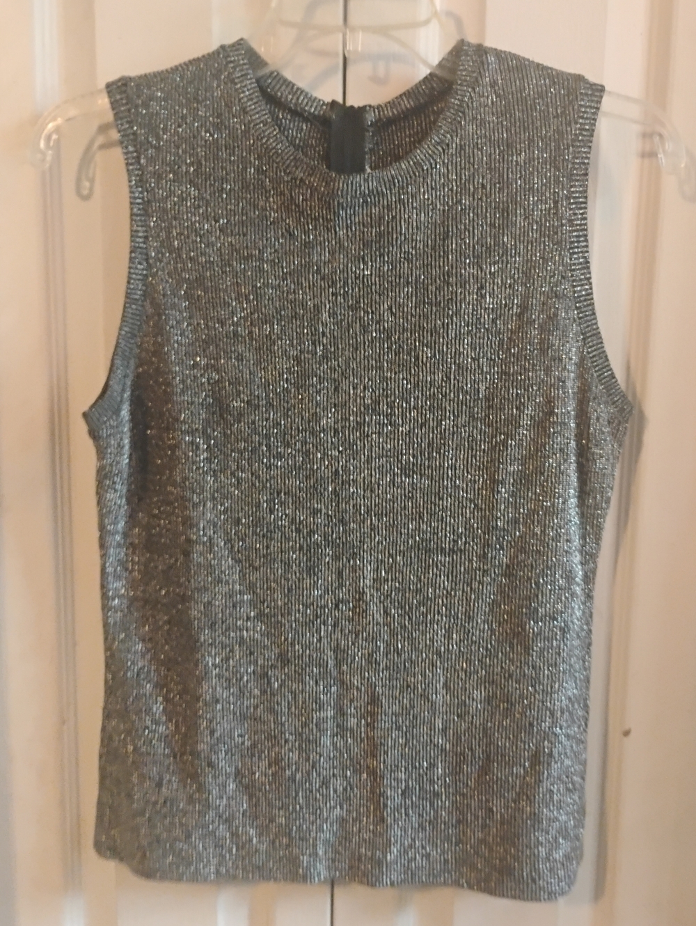 Vintage 60s 70s Sears Metallic Silver Knit Shell Top Mod Sleeveless Tank Medium